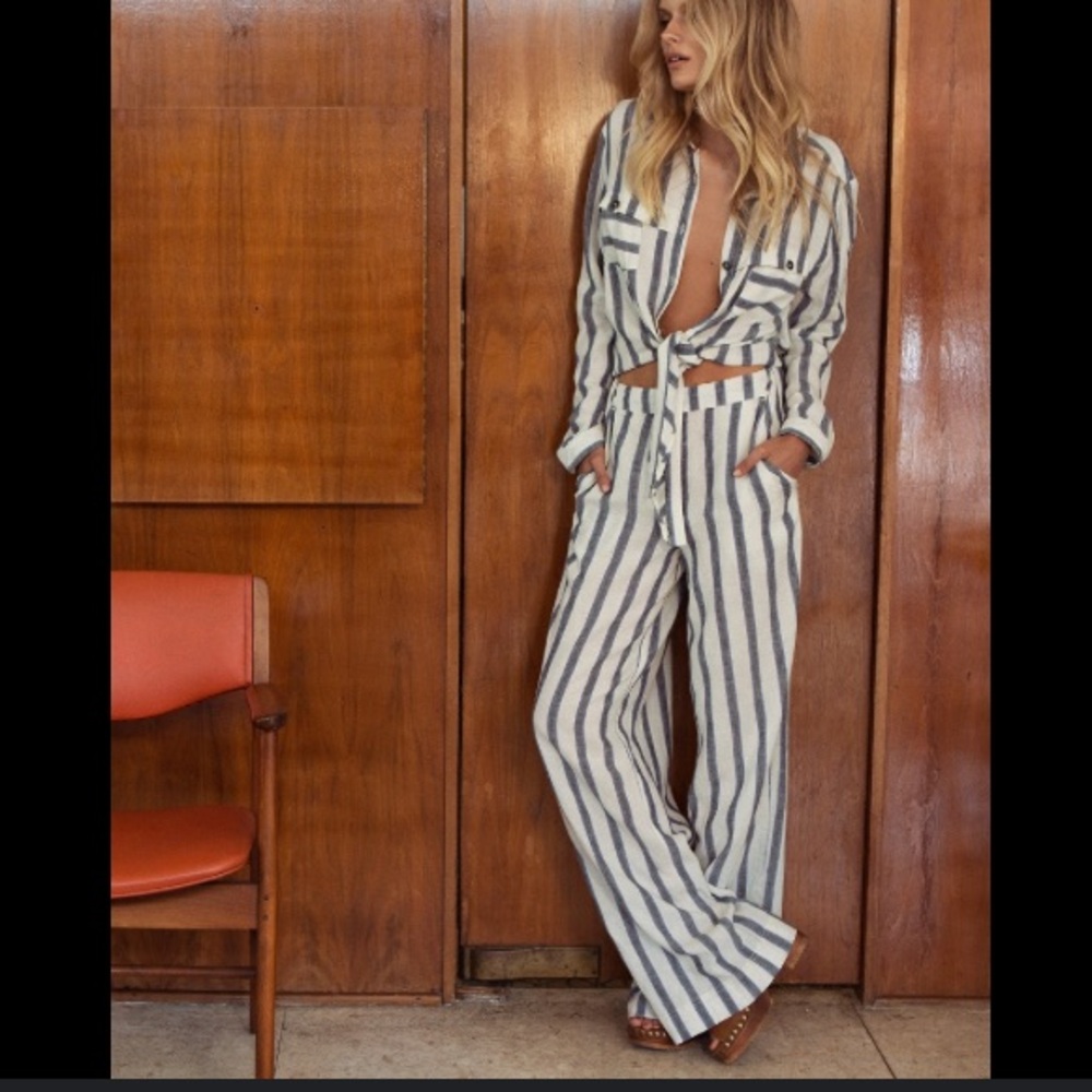 Free people striped jumpsuit romper button down wide leg 70’s set disco